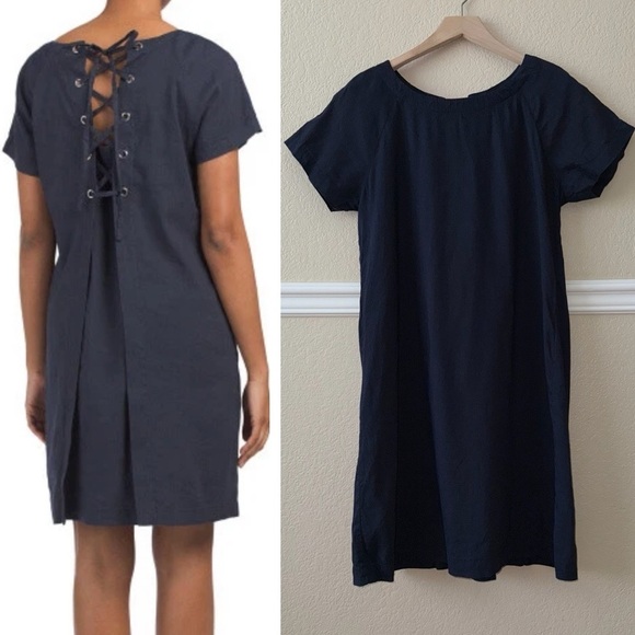 THEORY $275 Linen Blend Navy Caliver Lace Back Raglan Dress Size 6 - Picture 1 of 11